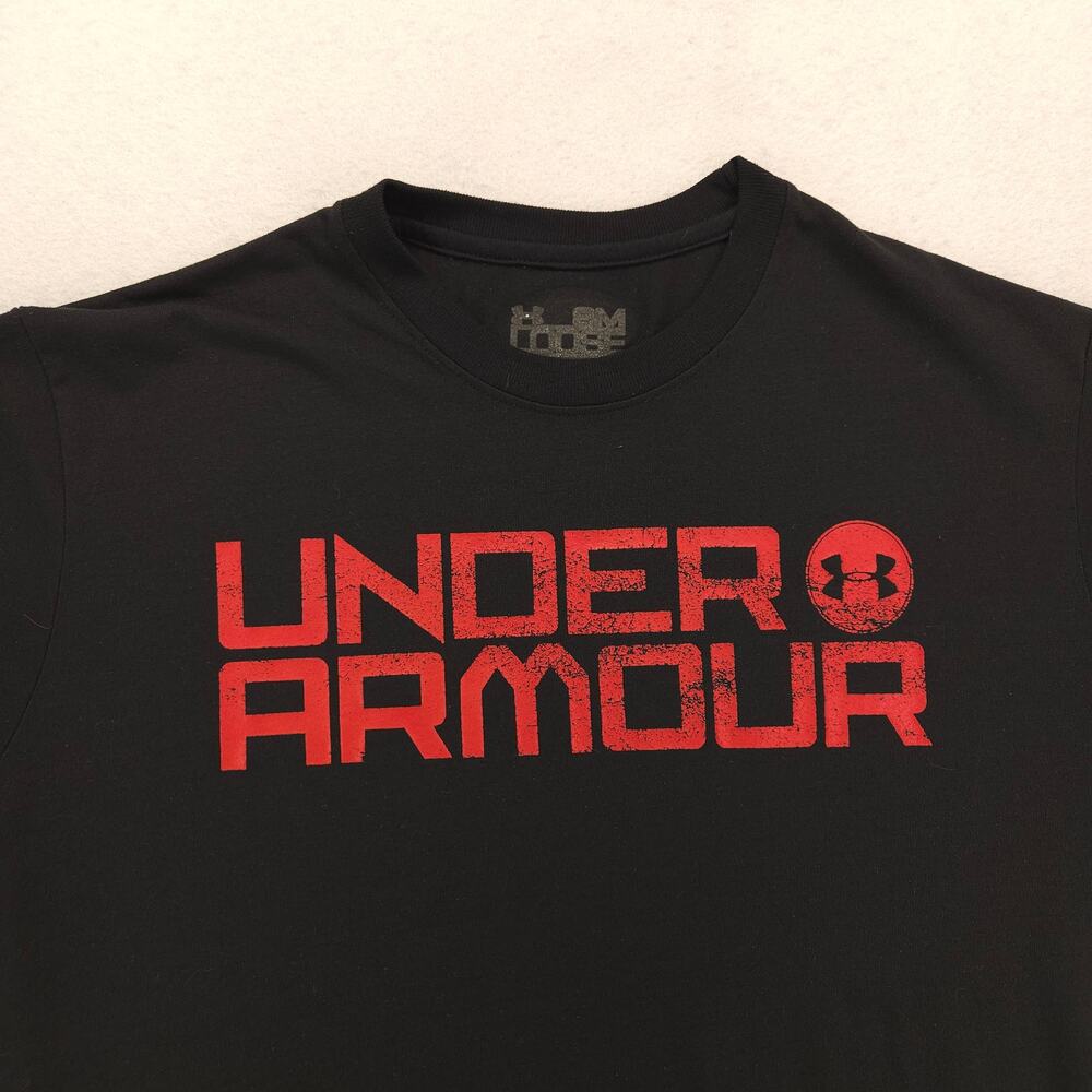 Under Armour Casual Crew Neck Short Sleeve Graphic T Shirt Mens Size S Black Red